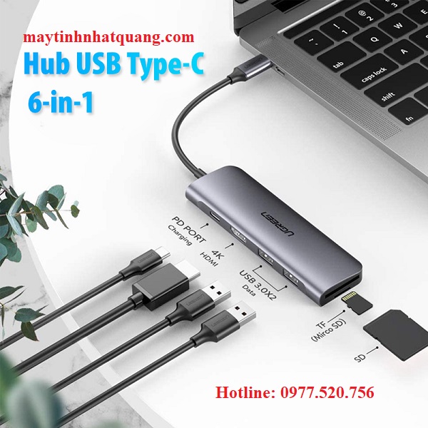 Cáp chuyển đổi USB type C sang HDMI, USB 3.0, đọc thẻ SD/TF, hỗ trợ sạc USB C Ugreen 70411